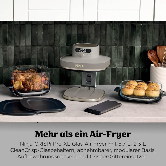 Скляна аерофритюрниця Ninja CRISPi PRO XL Air Fryer з 5 функціями, контейнерами CleanCrisp (5,7 л та 2,3 л) та кришкою для зберігання, AS090EUGN (Stone Gold)