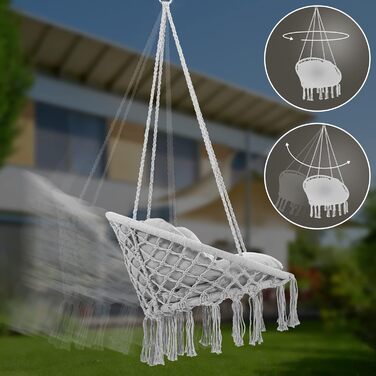 DETEX® Гамак-крісло підвісне до 150 кг, Boho стиль, стійке до погодних умов, сертифікат GS, для саду, 360° обертання, для дому та вулиці, з зручною подушкою (Світло-сірий)