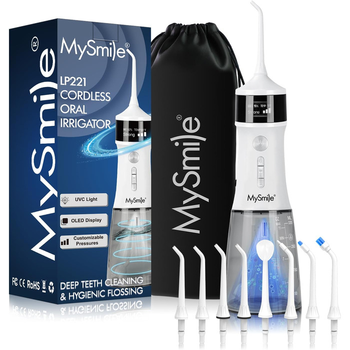 MySmile LP221 Бездротовий ірригатор для порожнини рота з UVC стерилізацією, 335 мл, портативний, OLED-дисплей, 4 режими, 8 насадок, чохол для дому та подорожей (перламутровий)