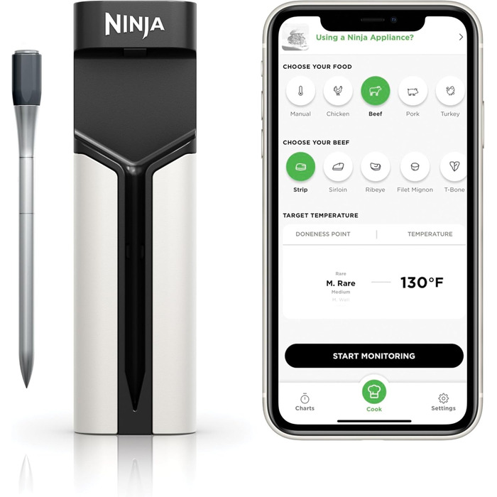 Бездротовий термометр для м'яса Ninja ProChef: для приготування на грилі, в духовці та на відкритому повітрі. Bluetooth, 50 м, 30 год, App-підключення, термостійкий