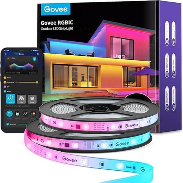 Govee LED-стрічка для вулиці 20м, RGBIC, водонепроникна IP65, керування Alexa/Google Assistant