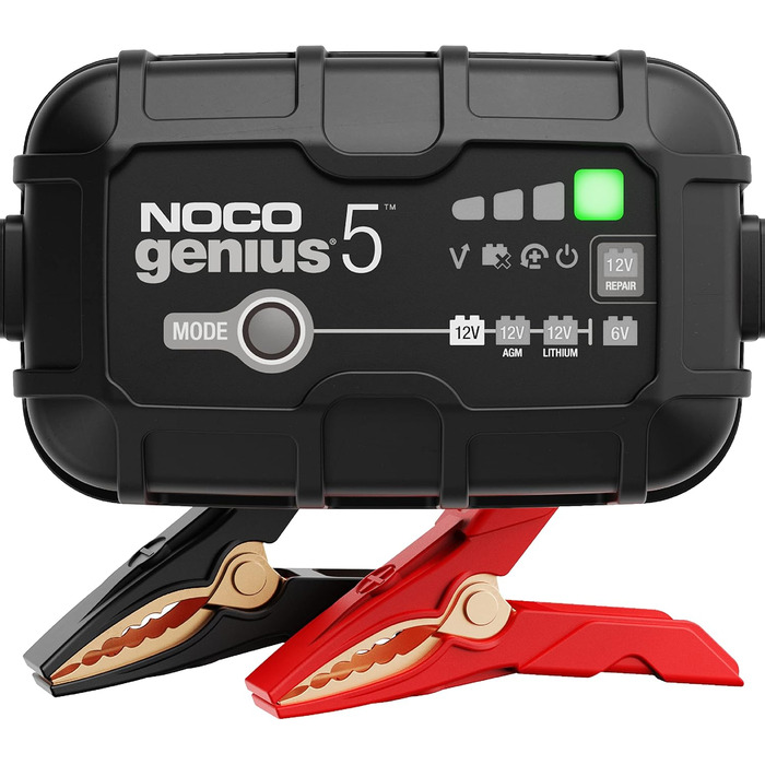 NOCO Genius 5: Інтелектуальне зарядне пристрій для акумуляторів 5A 6V/12V – Автоматичний зарядний пристрій, десульфатор з захистом від перезаряду та температурною компенсацією – Для свинцево-кислотних та літієвих акумуляторів