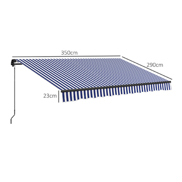 Тент Outsunny Folding Arm з ручною рукояткою, 350 x 300 см, UV30+ Сонцезахисний тент Патіо маркіза з кутом 45-85°, Балконні маркізи з водонепроникним покриттям, Настінне кріплення, Синій+Білий