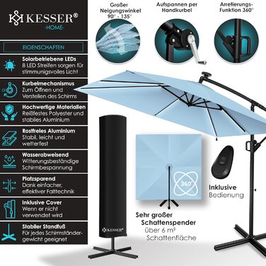 Гарматний парасоль KESSER Holly прямокутний з LED-підсвіткою на сонячній батареї, алюмінієвий, з ручкою-кривошипом, стійкою, чохлом, вітрозахистом, водостійкий, діаметр 350 см, світло-блакитний, для саду, з УФ-захистом