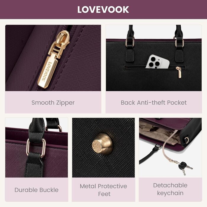 Сумка LOVEVOOK для жінок, велика, 15.6 дюймів, для ноутбука, робоча, елегантна, однотонна, шкіряна, для школи, офісу, ділових поїздок, shopper, tote bag (15.6 дюймів, фіолетово-чорна)