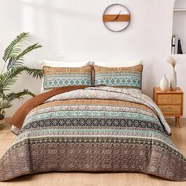 Покривало WONGS BEDDING Boho 220x240 см, стьобане, мікрофібра, 3 предмети: покривало і 2 наволочки 50x75, блакитне, для двоспального ліжка, спальня або диван