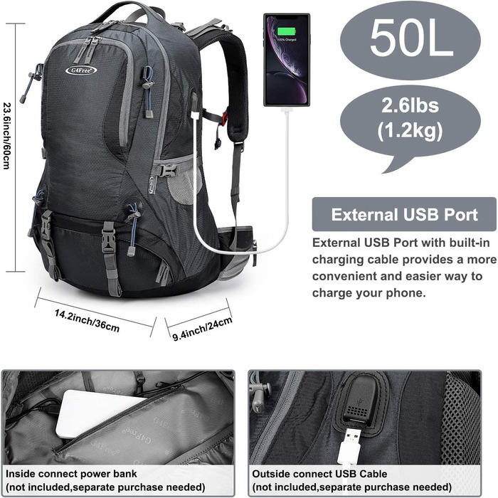 Водонепроникний туристичний рюкзак G4Free 50 л з чохлом від дощу для походів, кемпінгу, подорожей, трекінгу, для чоловіків та жінок, темно-сірий
