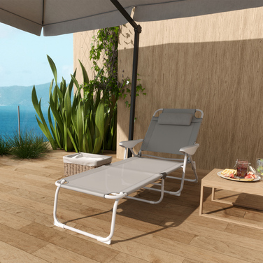 Outsunny Sun Lounger Складний садовий шезлонг з подушкою, шезлонг з регульованою спинкою в 4 напрямках, стійкий до погодних умов шезлонг для кемпінгу, садове крісло навантаження до 120 кг, для саду на відкритому пляжі світло-сірий