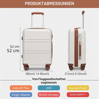 Ручна поклажа KONO: Валіза для кабіни з ABS+PC, 52x38x21 см, для Lufthansa та Eurowings, легка дорожня валіза на колесах із TSA-замком (Кремовий білий)