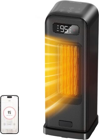 Електричний обігрівач 1500W з PTC-керамічним нагрівачем, портативний з термостатом та ECO-режимом, 4 режими, цифровий дисплей, таймер 12 годин, тихий (35dB), чорний (40cm)