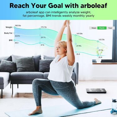 Arboleaf розумна ваги для аналізу складу тіла, 226 кг, цифрова, вимірювання жиру, м'язової маси, 14 показників, точність 0,05 кг, LED-дисплей, чорна, з додатком