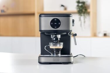Еспресо-машина BLACK+DECKER BXCO850E, 20 бар, 1,5 л, автоматична, з паровою насадкою, антиплямова нержавіюча сталь, 850 Вт, Extra-Sahne, програмоване приготування