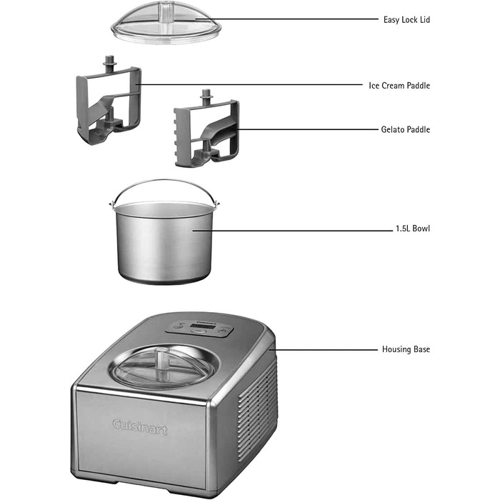 Морожениця Cuisinart ICE100BCU професійна, 1.5л, срібляста - для морозива, йогурту та сорбету