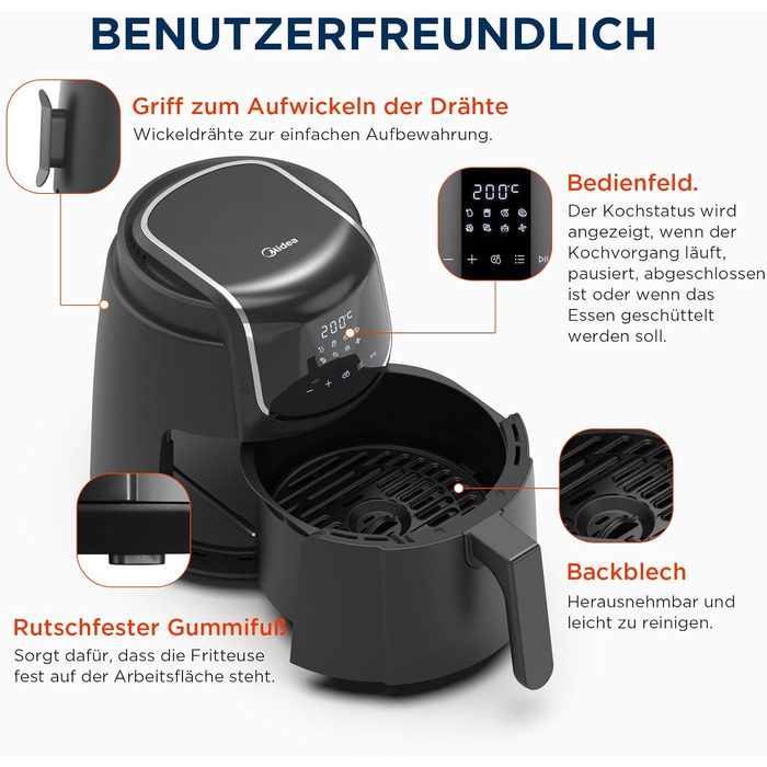 Фритюрниця Midea Air Fryer 4L XL з LED-дисплеєм, 8 програм, HeatXpress, 35-200°C, для запікання, грилю, розморожування, 41 рецепт, 90% менше олії, посудомийна безпека