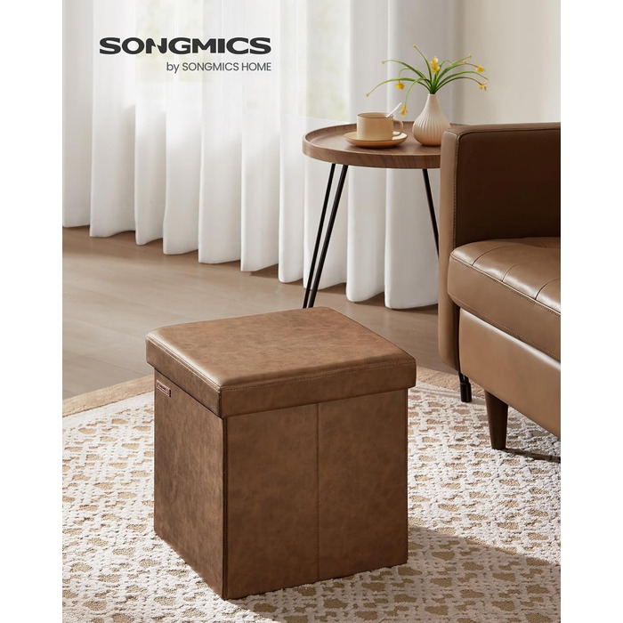 Складаний пуф SONGMICS 38 см, кавовий, зі штучної шкіри, з кришкою, до 300 кг, для передпокою, вітальні, спальні