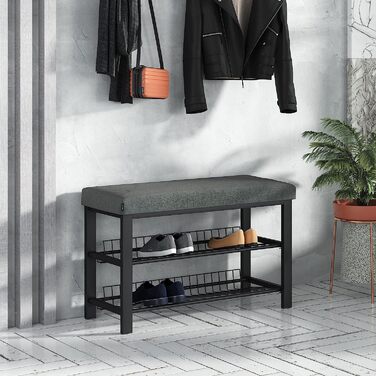 Стійка для взуття з лавкою Stardis, металева, 2 полиці, антрацит, 81x50x32 см – компактна взуттєва тумба для передпокою, вітальні чи спальні, захист від подряпин