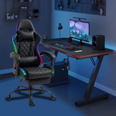Ігрове крісло Delman Gaming з RGB LED підсвіткою, підставкою для ніг та металевою основою, чорне (02-0055)