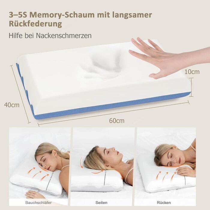 Подушка з піни Memory Foam Winthome з двосторонньою підтримкою (60x40x10 см, блакитна) з OEKO-TEX сертифікатом для сну на спині, боці та животі