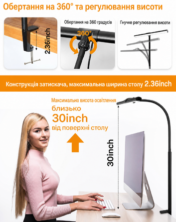 Світлодіодна настільна лампа з кліпсою, димеруванням, захистом для очей, 5 режимів яскравості і температури, для офісу, монітора, архітекторська, ретро стиль
