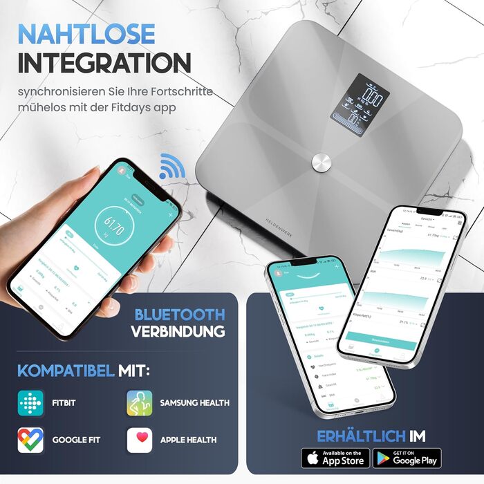Цифрова ваги для аналізу складу тіла HELDENWERK Harmony, Bluetooth, до 180 кг, з мобільним додатком, вимірювання жиру, ІМТ, м'язової маси, білка, BMR, біла