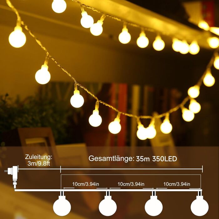 WOWDSGN Новорічна гірлянда світлодіодна 35м 350LED з димером для вулиці та приміщення, 8 режимів, теплий білий