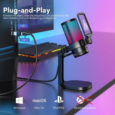 Ігровий USB мікрофон MAONO DGM20 з шумозаглушенням, конденсаторний для стрімінгу, подкастів, студії, сумісний з ПК, PS5/PS4, Mac, RGB-підсвітка, сенсорне вимкнення, регулятор гучності