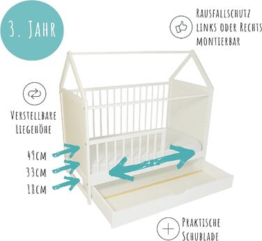 Дитяче ліжечко Kids Collective 60x120 см з матрацом і шухлядою, біле, дерев'яне, трансформер, регульоване дно, для немовлят