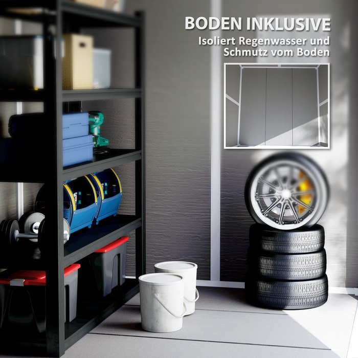 Outsunny Garden Shed 2,4 м², Водонепроникний садовий сарай з підлоговим моноскатним дахом, 182x151x219/181 см, Сарай для інструментів з дверима, що замикаються, Вікно Велосипедний гараж, Садова шафа з алюмінію, для заднього двору, Саду, Сірий