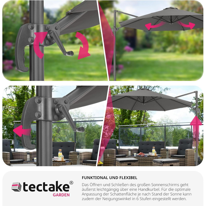 tectake® Парасолька-амбрела для саду та тераси, 300 см, з чохлом, регулюванням висоти, складана, з педаллю та ручкою, UV 50+, сіра