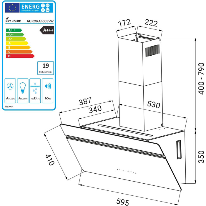Витяжка кухонна KKT KOLBE AURORA6005FB 60 см, чорна зі склом, продуктивність 782 м³/год, Smart WiFi, RGBW LED-підсвітка, режим рециркуляції та відведення