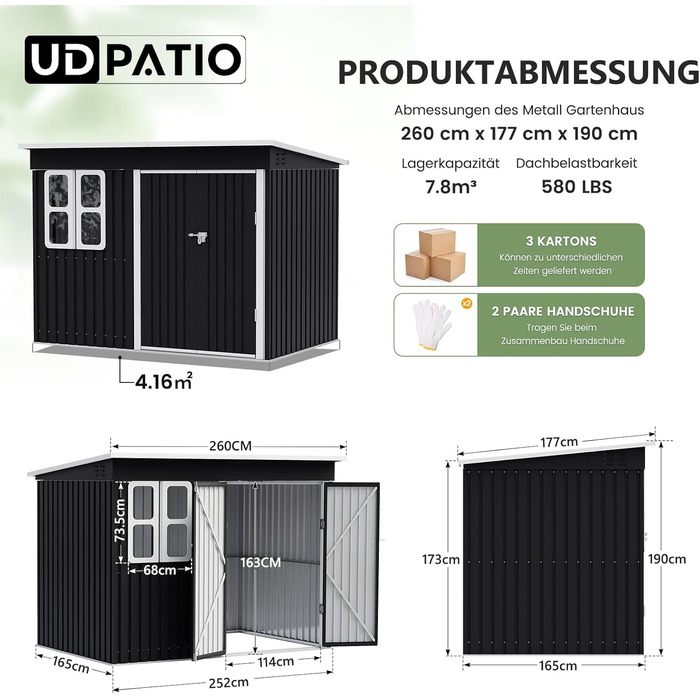Металевий садовий будинок UDPATIO 222x132x190 см з вікном, дверима та вентиляцією, сірий. Гараж для велосипедів, сарай для інструментів, водонепроникний