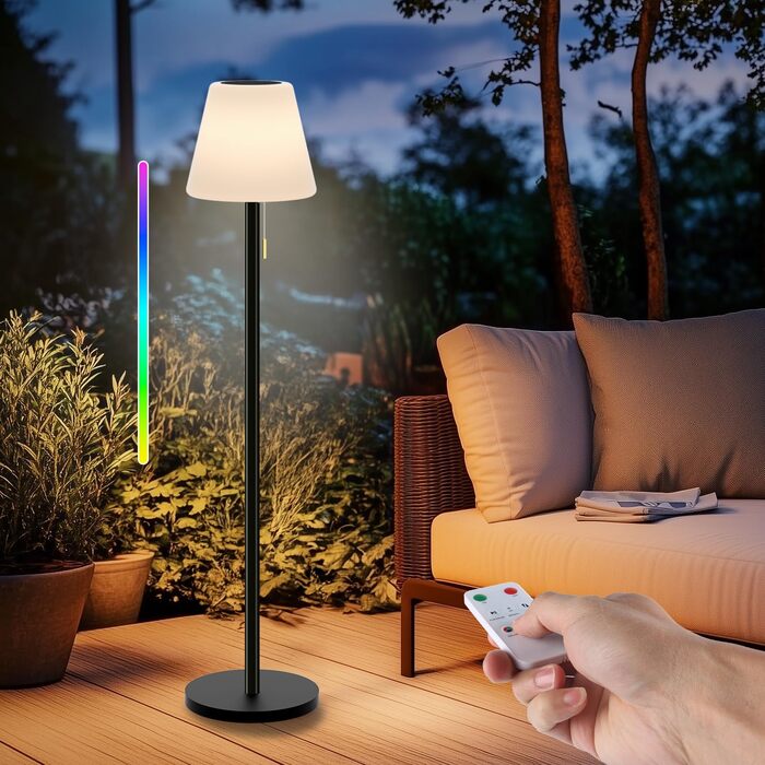 Сонячна LED стійка лампа для вулиці з акумулятором, димуванням, теплим білим та RGB світлом, з датчиком світла, водонепроникна для тераси