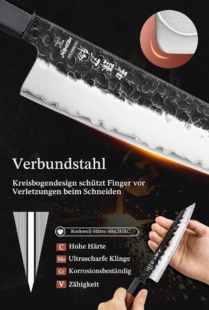 Професійний японський ніж Kiritsuke HEZHEN 21,5 см, кухонний ніж із 3-шарової дамаської сталі з восьмигранною ручкою з червоного дерева та дерев'яним чохлом