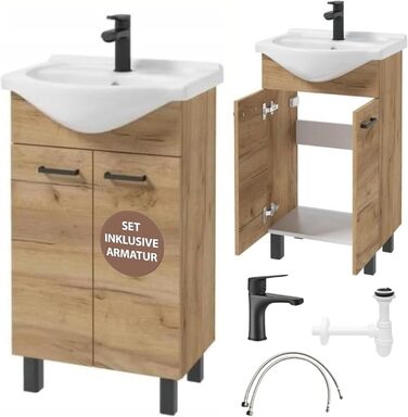 Підлогова тумба для ванної Domodomo з умивальником 85x50x41 см, комплект: керамічна раковина, сифон, чорний змішувач, дуб Craft, елегантний дизайн