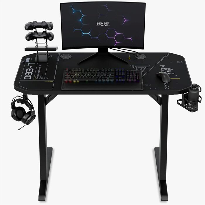 Ігровий стіл SENSE7 Nomad Cybernetic 120x60 см, комп'ютерний стіл з вуглецевим покриттям, ергономічний, з гачком для навушників, підсклянником та тримачем для контролера