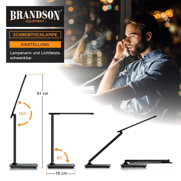 Настільна лампа Brandson LED з димером, 3 кольори світла, 5 рівнів яскравості, USB зарядка, шкіряний дизайн, захист для очей, денне світло