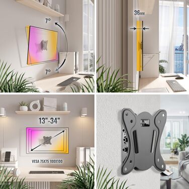 Настінний кронштейн для монітора та ТВ RICOO N0611/N0911, для екранів 13-34 дюймів, VESA 75x75/100x100 мм, нахил, до 25 кг, Slim дизайн
