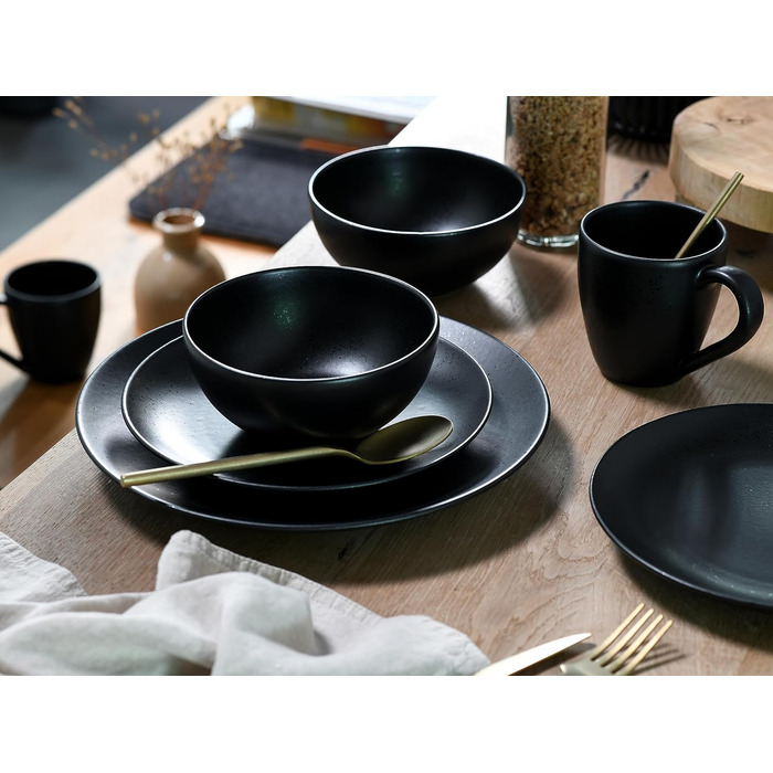 CreaTable Magic Black набір посуду 8 предметів з кам'яної кераміки, сервірувальний комплект, підходить для посудомийної машини та мікрохвильовки, вироблено в Португалії