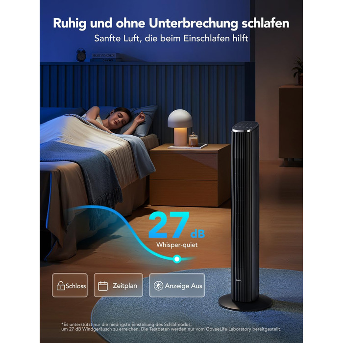 GoveeLife Розумний вежний вентилятор з Wi-Fi та Bluetooth, 75° осциляція, 8 швидкостей, 5 режимів, таймер на 24 год