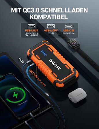 Пусковий пристрій AstroAI Powerbank для автомобіля (ПКВ), портативний бустер з USB QC 3.0, помаранчевий