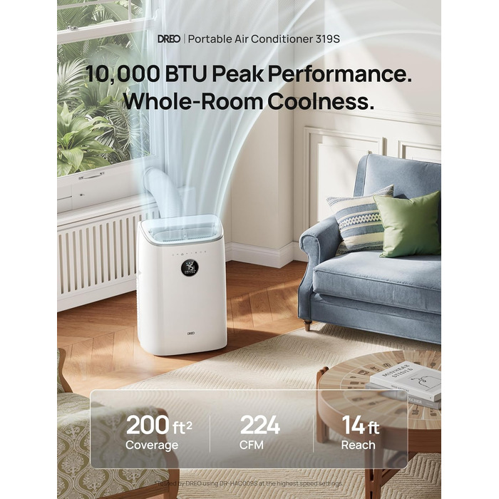 Мобільний кондиціонер DREO AC319S 8000 BTU (3-в-1: охолодження, вентиляція, осушення) з керуванням через додаток, голосове керування, без дренажу, комплект для вікна, білий
