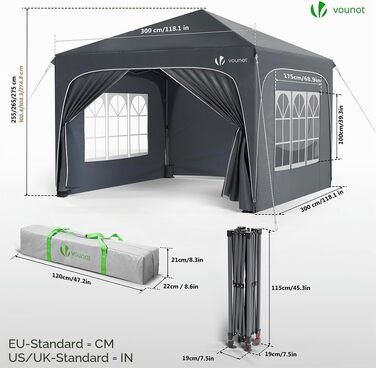 Альтанка садова VOUNOT® 3x3м з бічними стінками та мішками для вантажу, розкладна водонепроникна для пікніка та вечірок (Сіра)