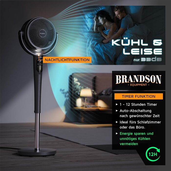 Вентилятор підлоговий Brandson 3D з ЕКО DC мотором, сірий: тихий, 24 швидкості, осциляція, пульт ДУ, енергозбереження
