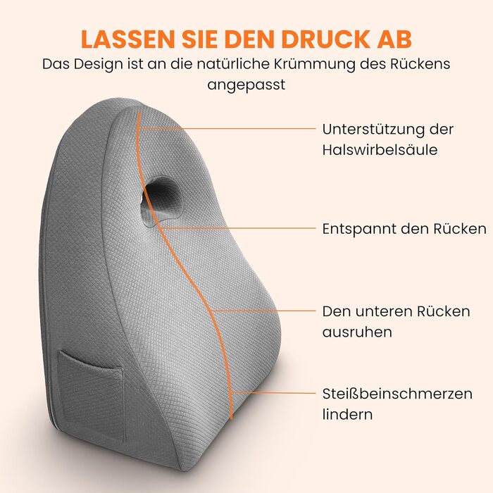 Подушка для спини та попереку з піни Memory Foam для ліжка та дивана - ергономічна трикутна форма, сіра