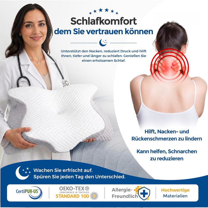 Ортопедична подушка для шиї та голови Premium з ефектом пам'яті (Memory Foam), ергономічна подушка-метелик для сну на боці та спині, змивний чохол, Graphite Grey