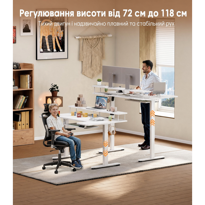 Регульований стіл OffiGo U-подібний, 120 см, електричний, з підставкою для монітора, розетками та USB-зарядкою, LED, для офісу та геймінгу, білий 120 x 74 см