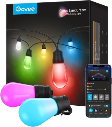 Розумний LED-гірлянда Govee для вулиці, WiFi, RGBICW, водонепроникна IP65, керування через Alexa, Google Assistant і додаток, 47 режимів, 15 ламп, 15 м