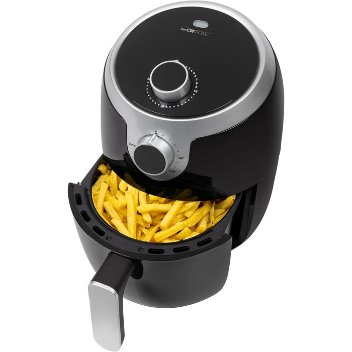 Аерофритюрниця Clatronic FR 3769 H, 1,8 л, без олії, 1000 Вт, чорна/срібляста, для картоплі фрі, курячих крилець та іншого