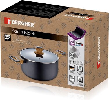 Каструля BERGNER Earth Black 28 см, алюмінієва, з антипригарним покриттям, ергономічні дерев'яні ручки, для індукції та всіх типів плит, чорна