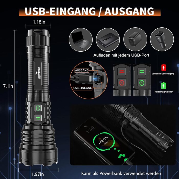 Ліхтарик Shadowhawk LED акумуляторний 30000 люмен, тактичний, водонепроникний IP67, USB зарядка, для кемпінгу, надяскравий